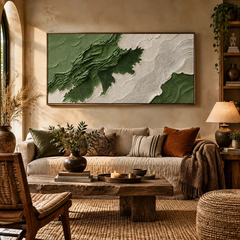 Plaster & Texture abstract oil painting showing layered abstract marks, texture and expressive painterly movement in a green palette.
