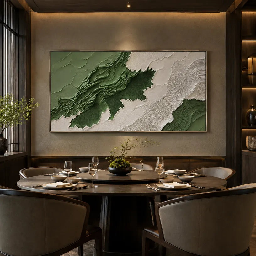 Plaster & Texture abstract oil painting showing layered abstract marks, texture and expressive painterly movement in a green palette.