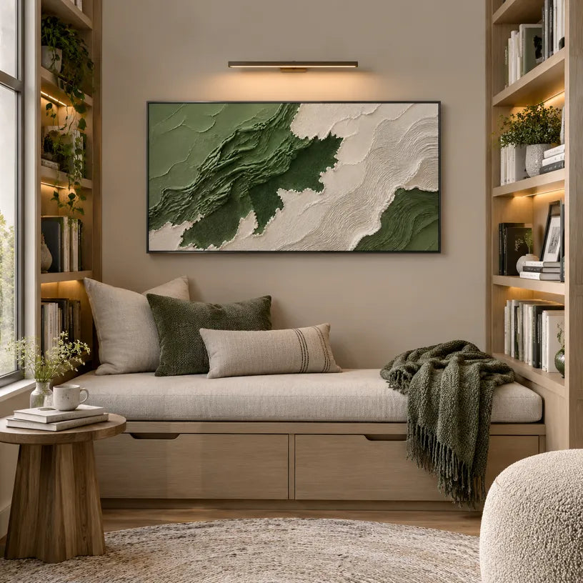 Plaster & Texture abstract oil painting showing layered abstract marks, texture and expressive painterly movement in a green palette.