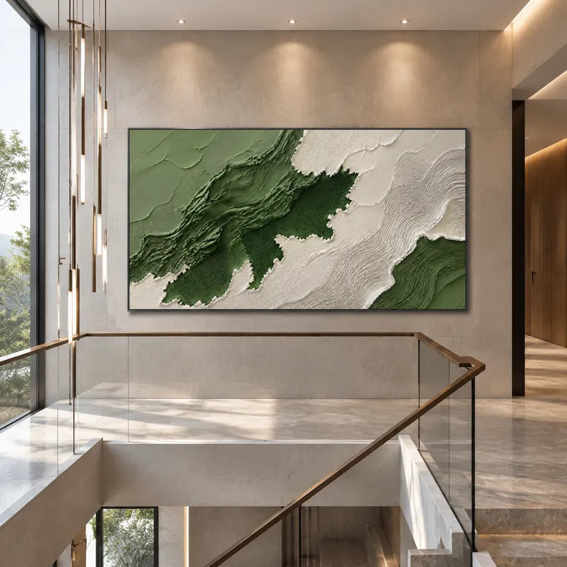 Plaster & Texture abstract oil painting showing layered abstract marks, texture and expressive painterly movement in a green palette.