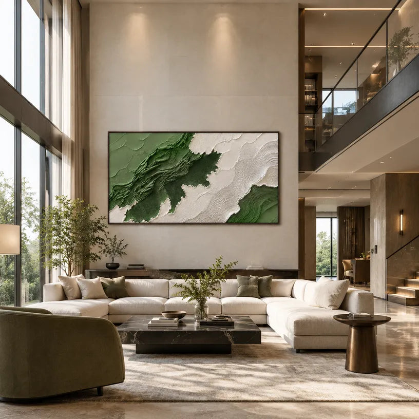 Plaster & Texture abstract oil painting showing layered abstract marks, texture and expressive painterly movement in a green palette.