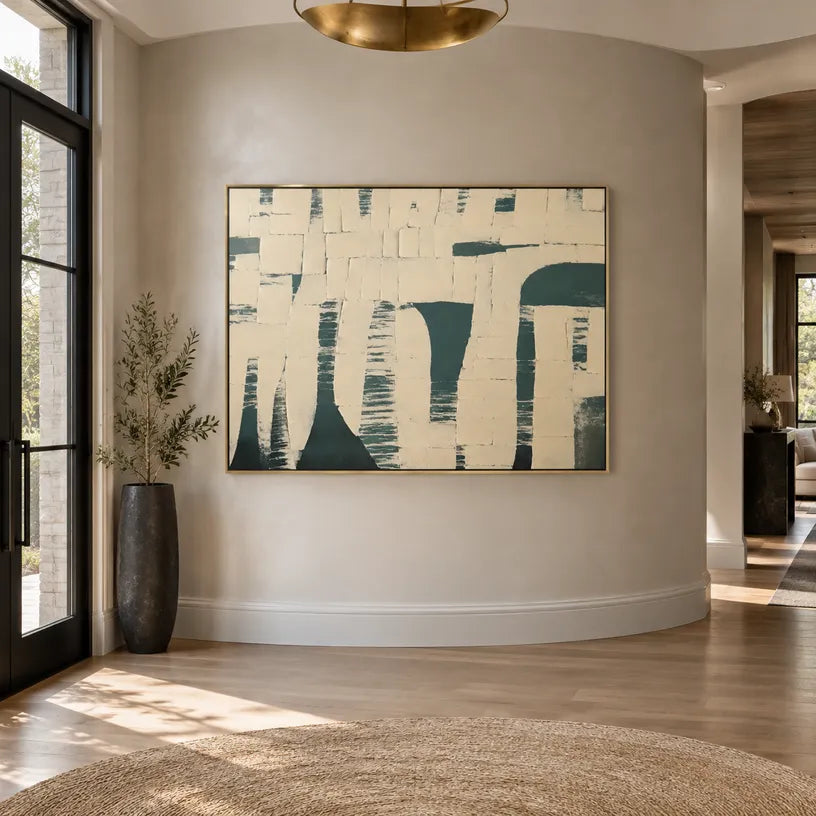 Plaster & Texture abstract oil painting showing layered abstract marks, texture and expressive painterly movement in a beige palette.