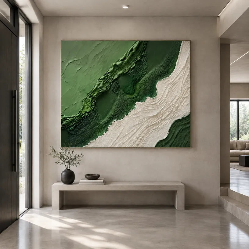 Plaster & Texture abstract oil painting showing layered abstract marks, texture and expressive painterly movement in a green palette.