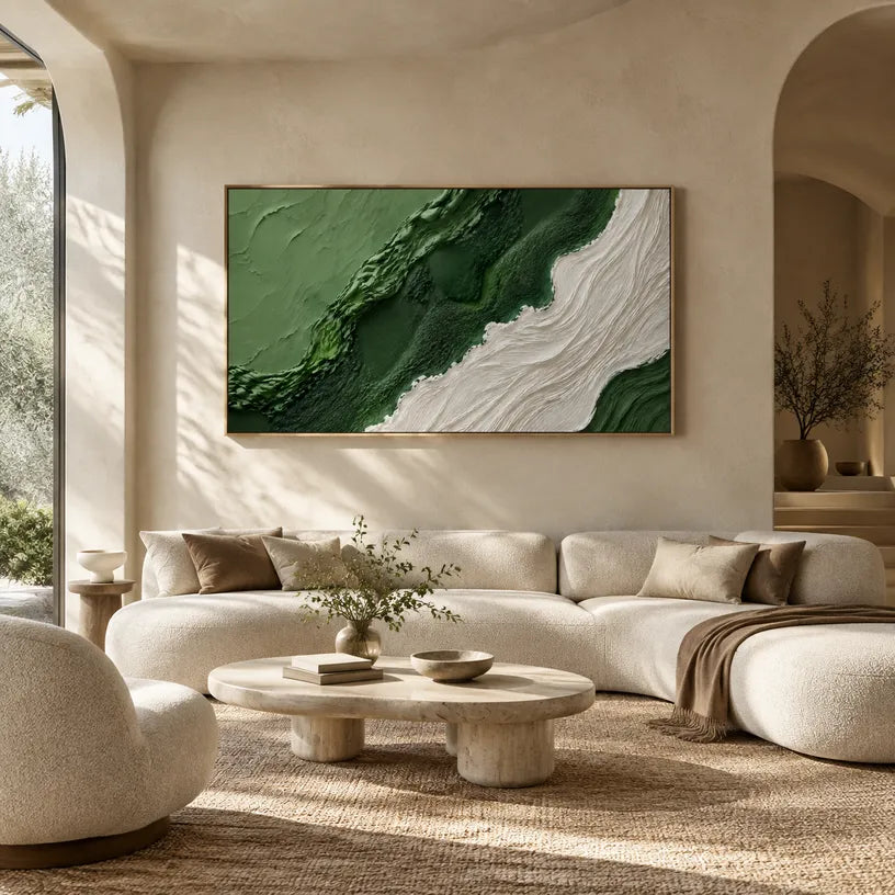 Plaster & Texture abstract oil painting showing layered abstract marks, texture and expressive painterly movement in a green palette.