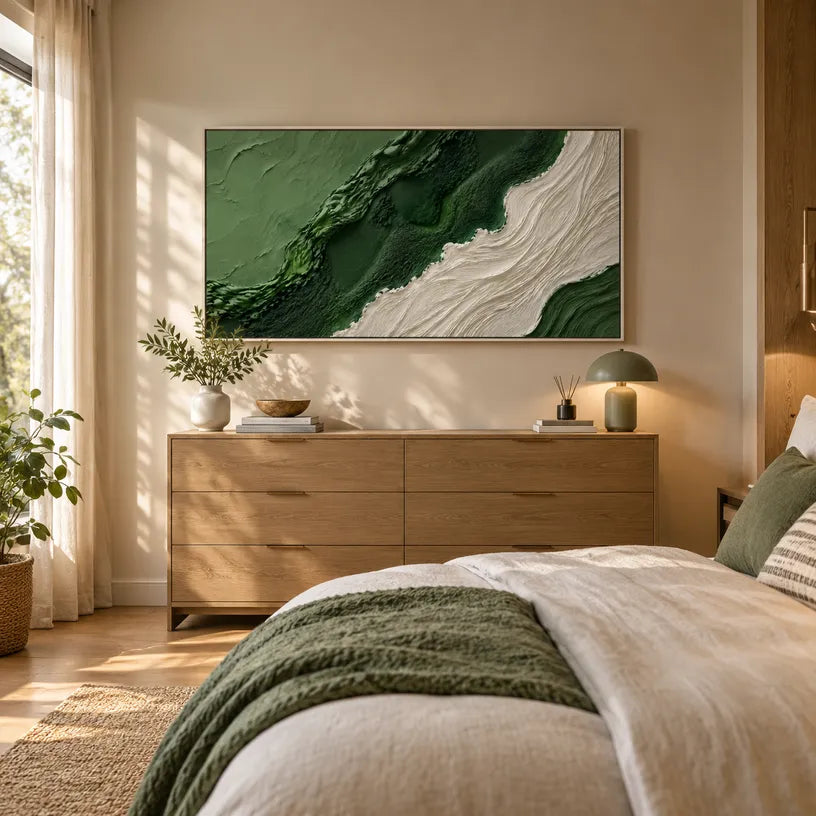 Plaster & Texture abstract oil painting showing layered abstract marks, texture and expressive painterly movement in a green palette.