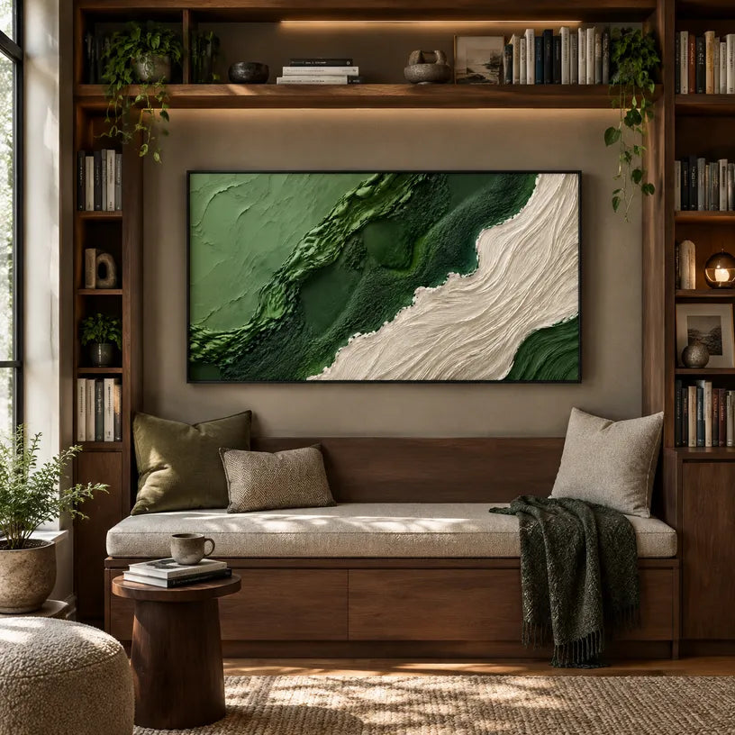 Plaster & Texture abstract oil painting showing layered abstract marks, texture and expressive painterly movement in a green palette.