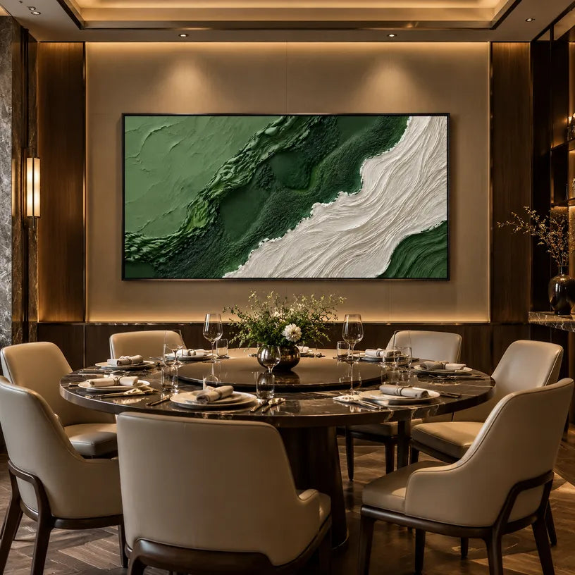 Plaster & Texture abstract oil painting showing layered abstract marks, texture and expressive painterly movement in a green palette.