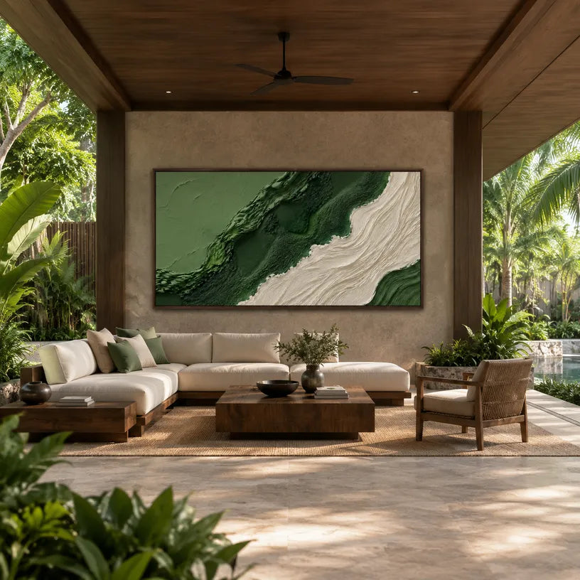 Plaster & Texture abstract oil painting showing layered abstract marks, texture and expressive painterly movement in a green palette.