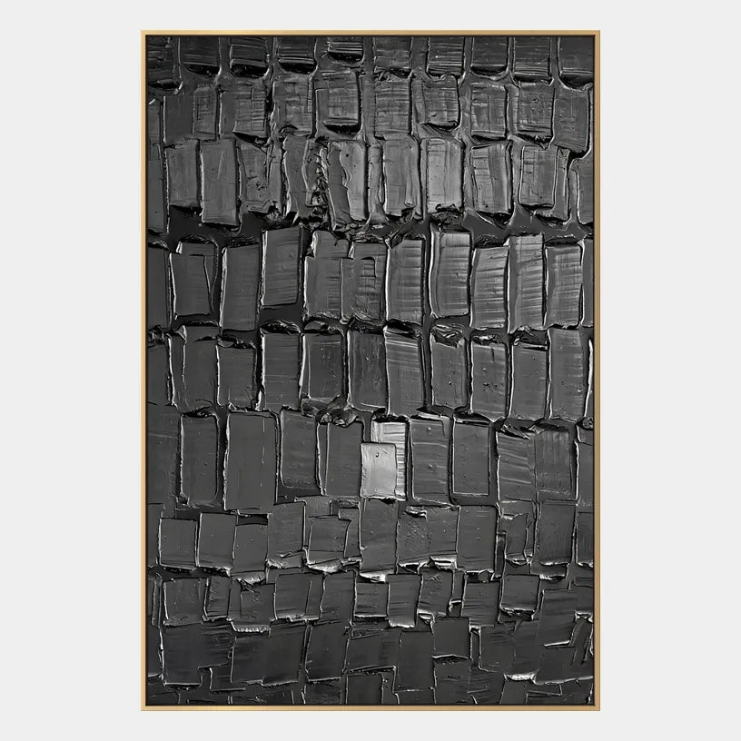 Plaster & Texture abstract oil painting showing layered abstract marks, texture and expressive painterly movement in a black palette.