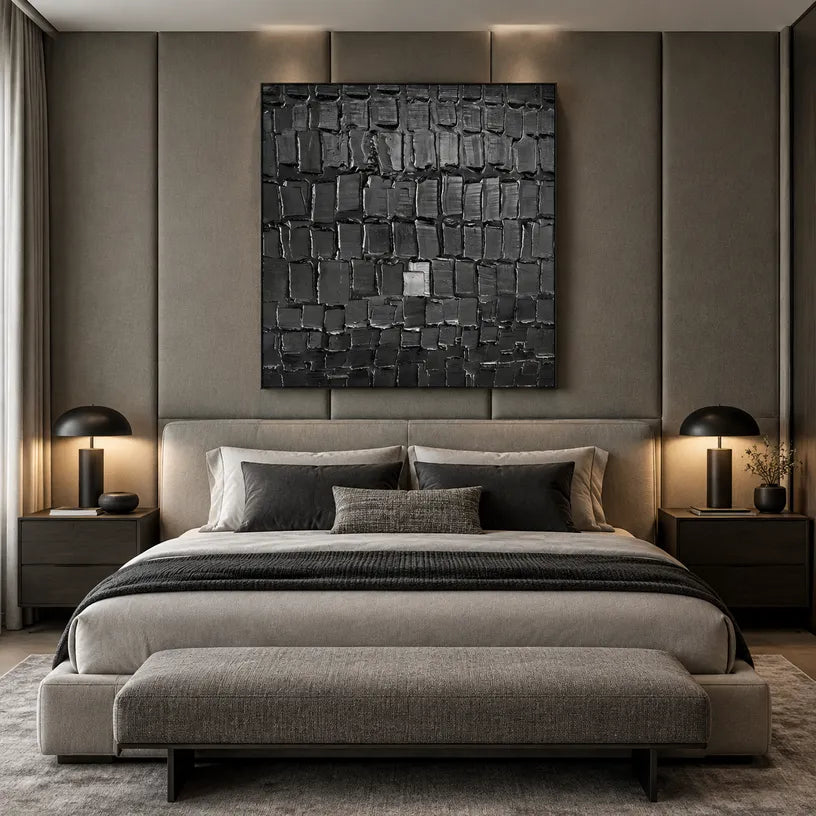 Plaster & Texture abstract oil painting showing layered abstract marks, texture and expressive painterly movement in a black palette.