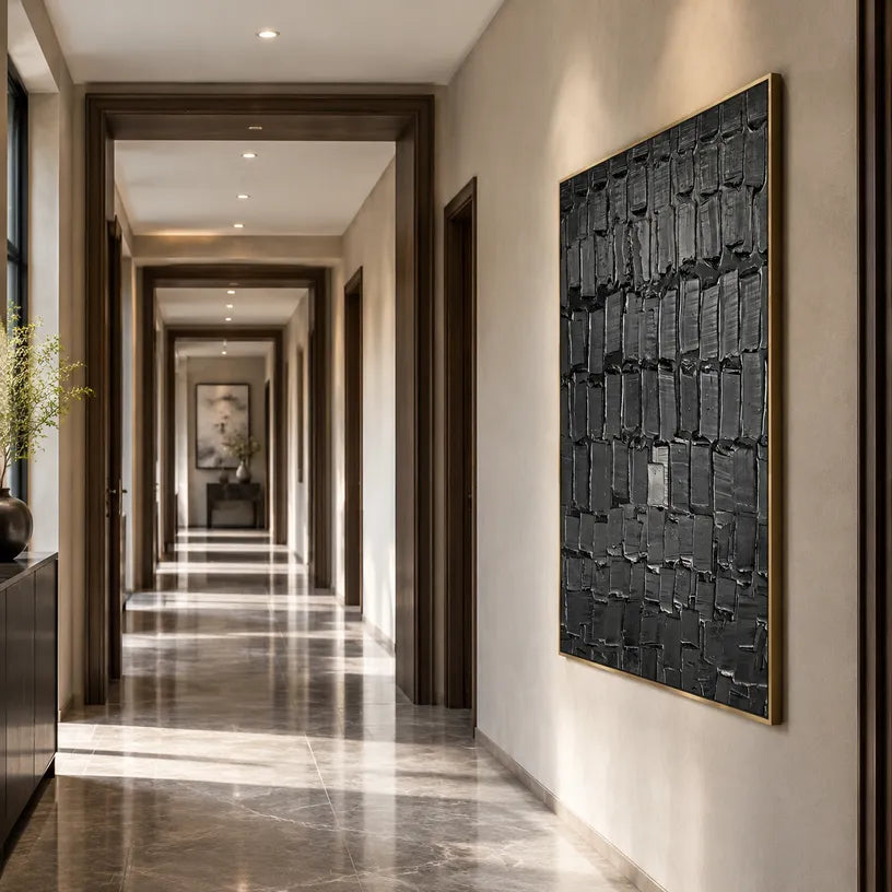 Plaster & Texture abstract oil painting showing layered abstract marks, texture and expressive painterly movement in a black palette.