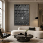Plaster & Texture abstract oil painting showing layered abstract marks, texture and expressive painterly movement in a black palette.