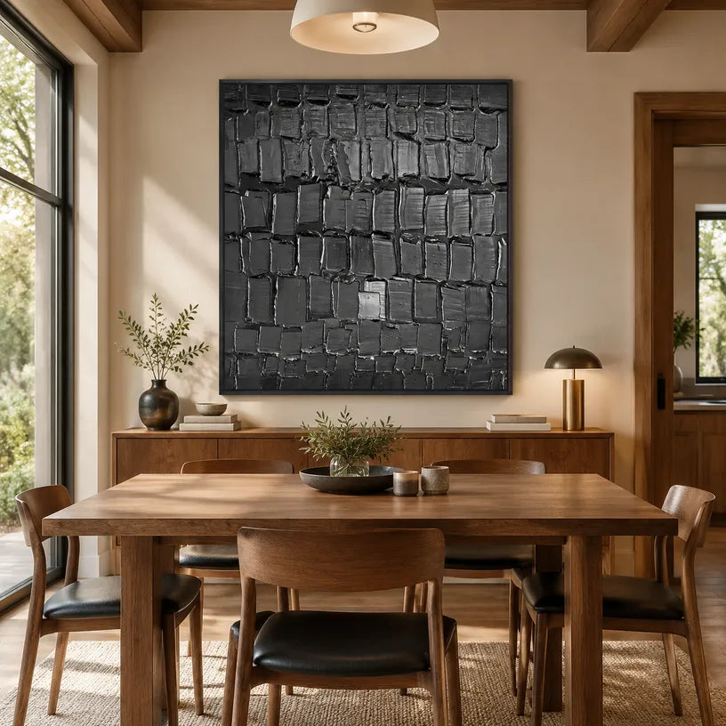 Plaster & Texture abstract oil painting showing layered abstract marks, texture and expressive painterly movement in a black palette.