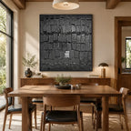 Plaster & Texture abstract oil painting showing layered abstract marks, texture and expressive painterly movement in a black palette.