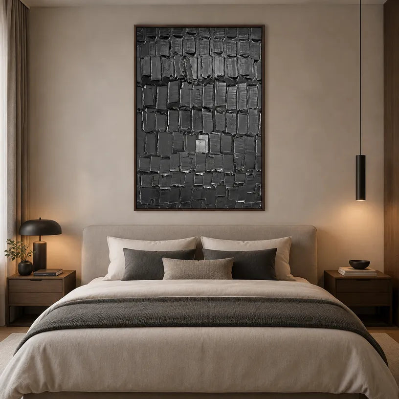 Plaster & Texture abstract oil painting showing layered abstract marks, texture and expressive painterly movement in a black palette.