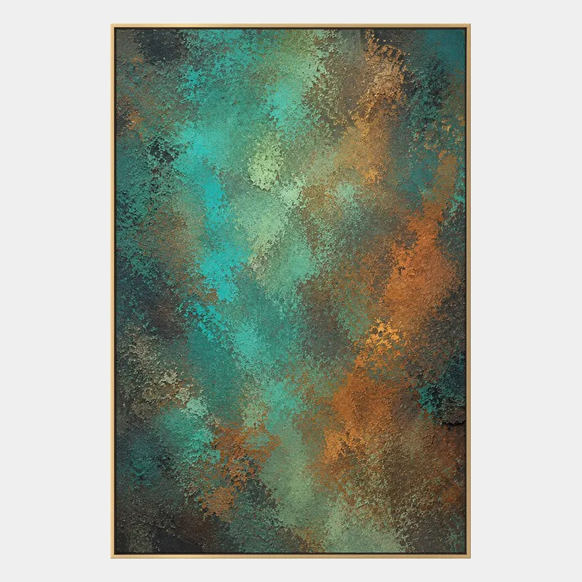 Plaster & Texture abstract oil painting showing layered abstract marks, texture and expressive painterly movement in a green palette.
