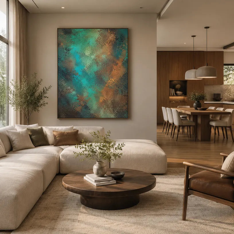 Plaster & Texture abstract oil painting showing layered abstract marks, texture and expressive painterly movement in a green palette.