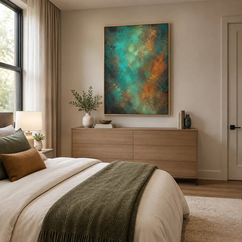 Plaster & Texture abstract oil painting showing layered abstract marks, texture and expressive painterly movement in a green palette.