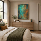 Plaster & Texture abstract oil painting showing layered abstract marks, texture and expressive painterly movement in a green palette.