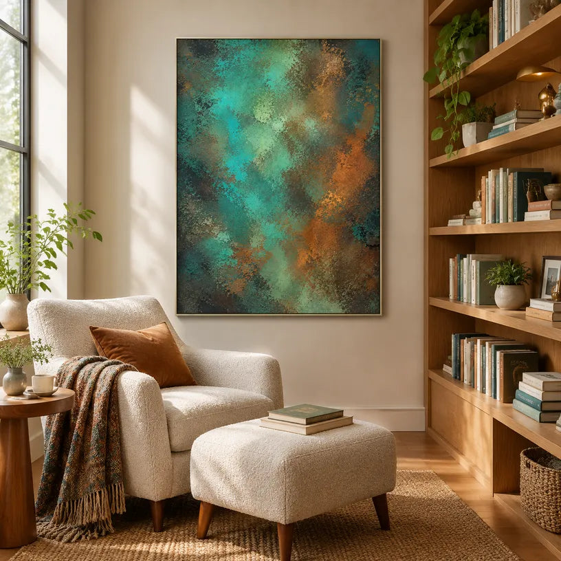 Plaster & Texture abstract oil painting showing layered abstract marks, texture and expressive painterly movement in a green palette.