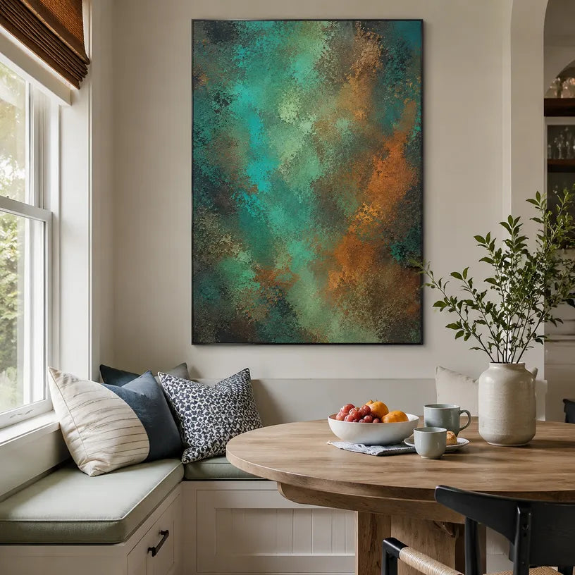 Plaster & Texture abstract oil painting showing layered abstract marks, texture and expressive painterly movement in a green palette.