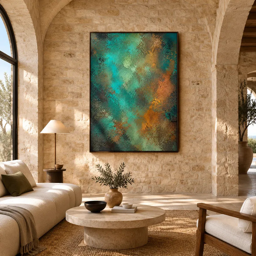 Plaster & Texture abstract oil painting showing layered abstract marks, texture and expressive painterly movement in a green palette.