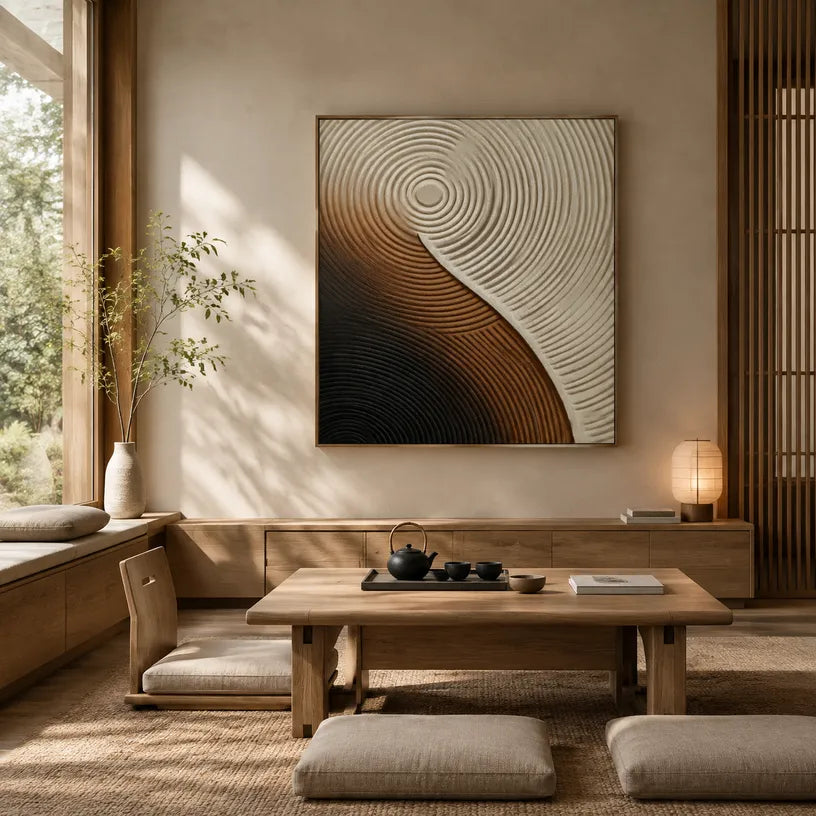 Plaster & Texture abstract oil painting showing layered abstract marks, texture and expressive painterly movement in a brown palette.