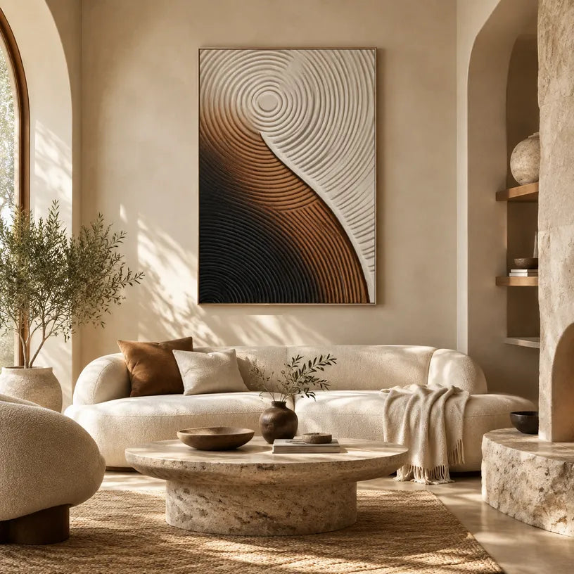 Plaster & Texture abstract oil painting showing layered abstract marks, texture and expressive painterly movement in a brown palette.