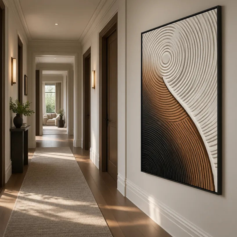 Plaster & Texture abstract oil painting showing layered abstract marks, texture and expressive painterly movement in a brown palette.