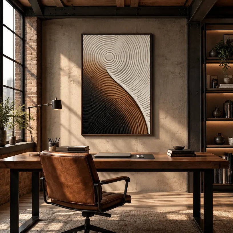 Plaster & Texture abstract oil painting showing layered abstract marks, texture and expressive painterly movement in a brown palette.