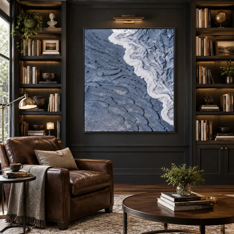 Plaster & Texture abstract oil painting showing layered abstract marks, texture and expressive painterly movement in a blue palette.