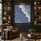 Plaster & Texture abstract oil painting showing layered abstract marks, texture and expressive painterly movement in a blue palette.