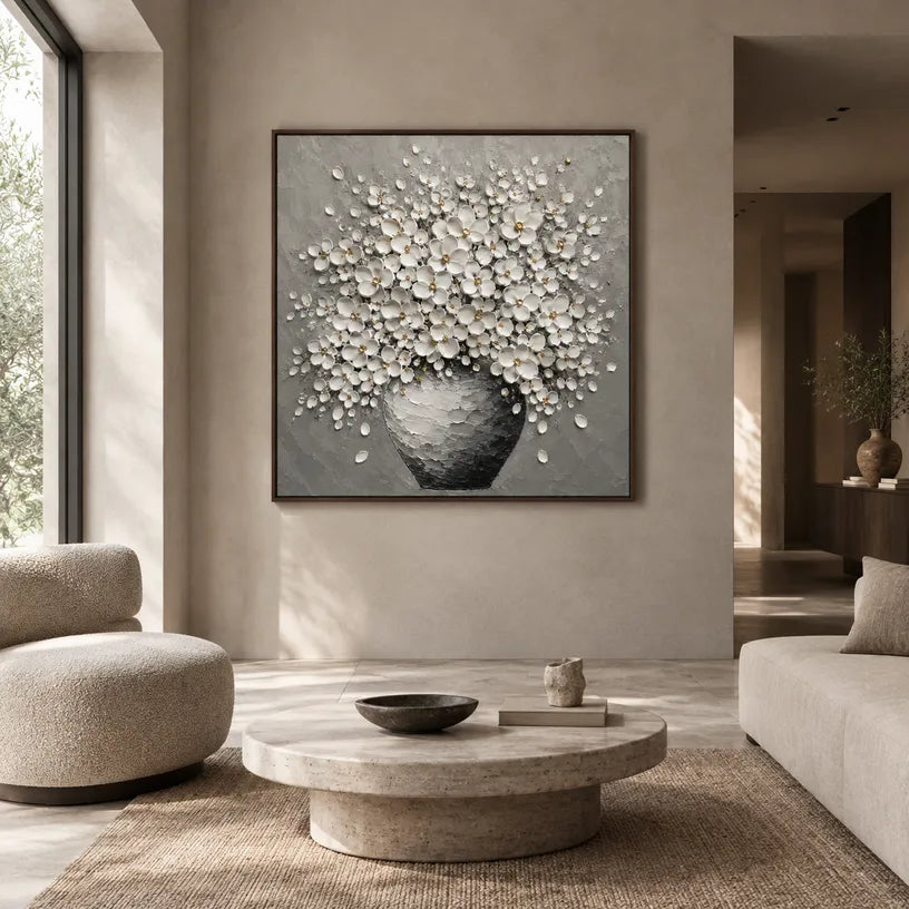 Plaster & Texture abstract oil painting showing layered abstract marks, texture and expressive painterly movement in a grey palette.