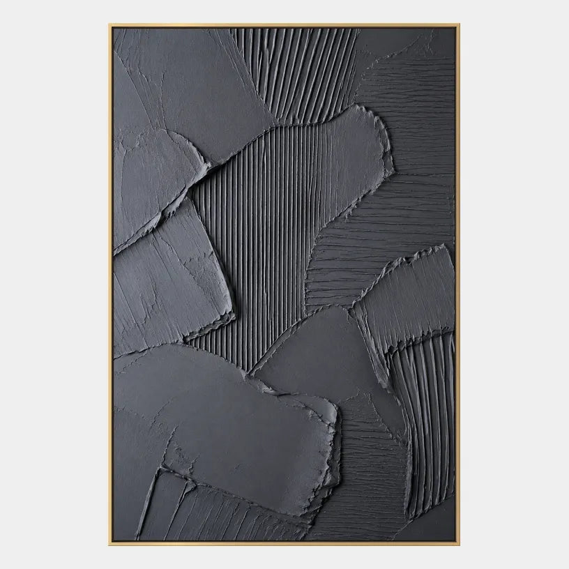 Plaster & Texture abstract oil painting showing layered abstract marks, texture and expressive painterly movement in a black palette.