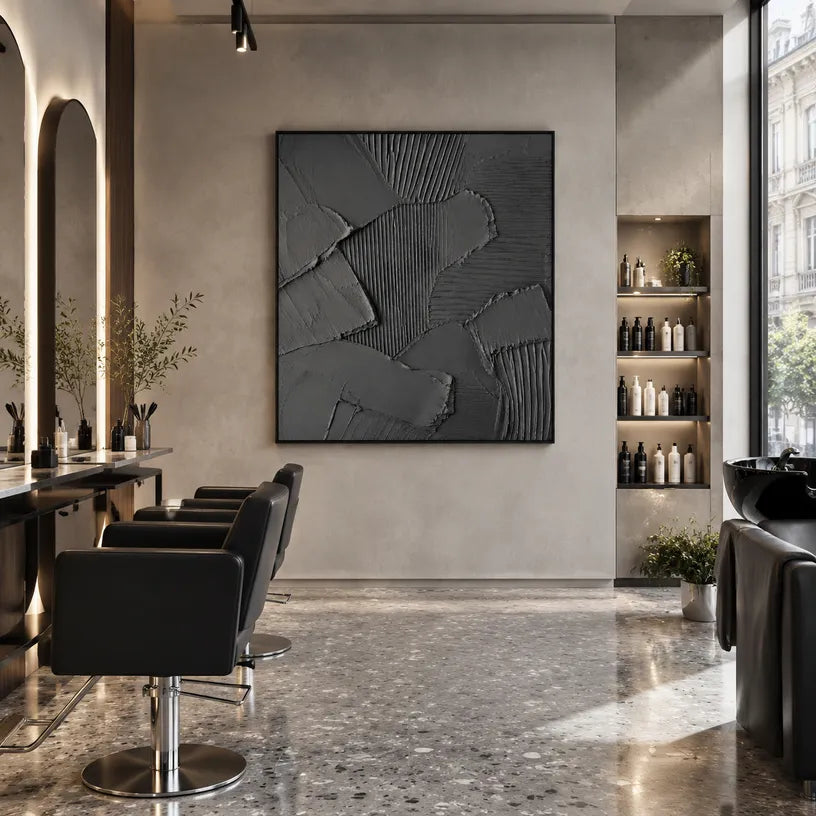 Plaster & Texture abstract oil painting showing layered abstract marks, texture and expressive painterly movement in a black palette.