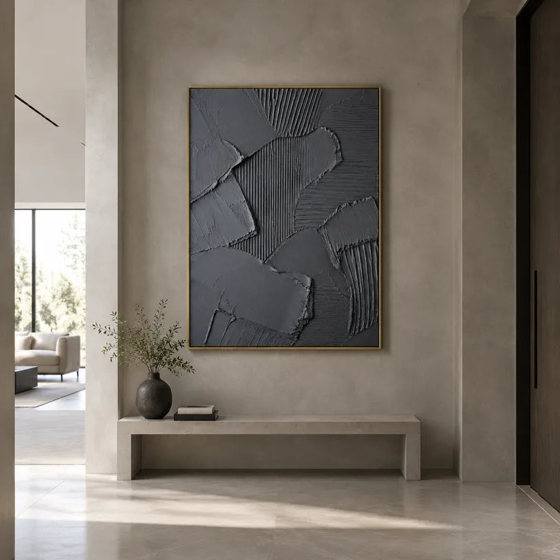 Plaster & Texture abstract oil painting showing layered abstract marks, texture and expressive painterly movement in a black palette.