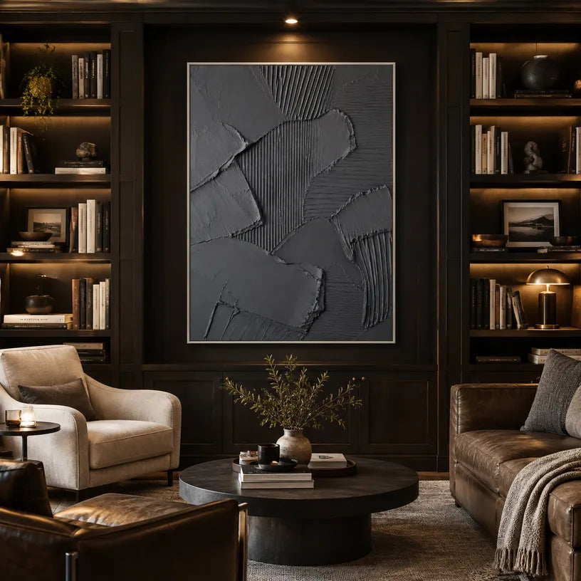 Plaster & Texture abstract oil painting showing layered abstract marks, texture and expressive painterly movement in a black palette.