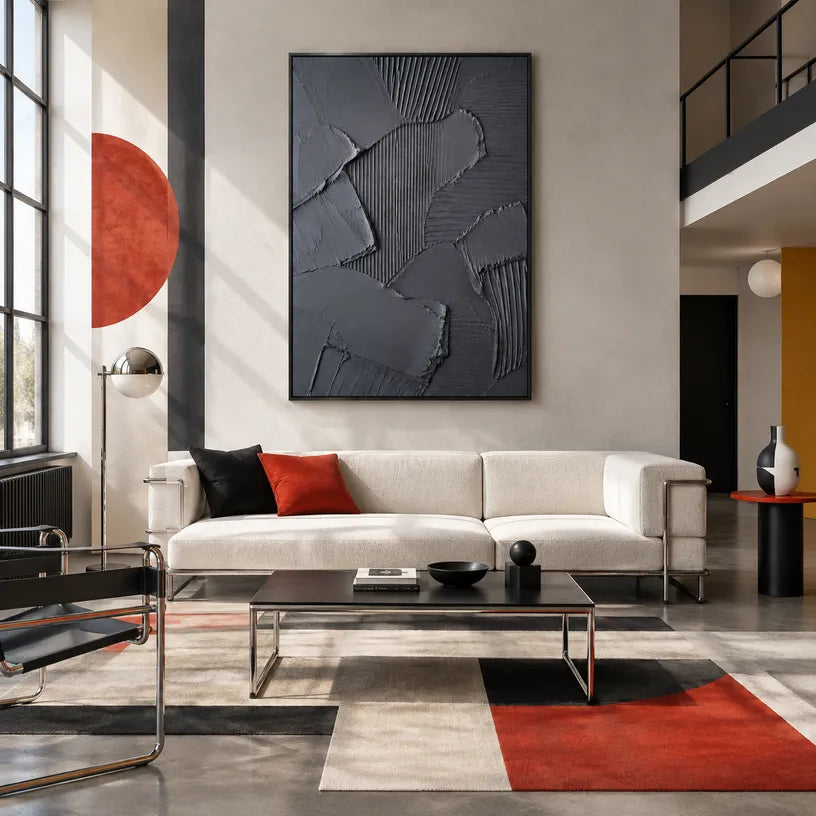 Plaster & Texture abstract oil painting showing layered abstract marks, texture and expressive painterly movement in a black palette.