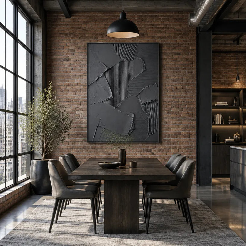 Plaster & Texture abstract oil painting showing layered abstract marks, texture and expressive painterly movement in a black palette.