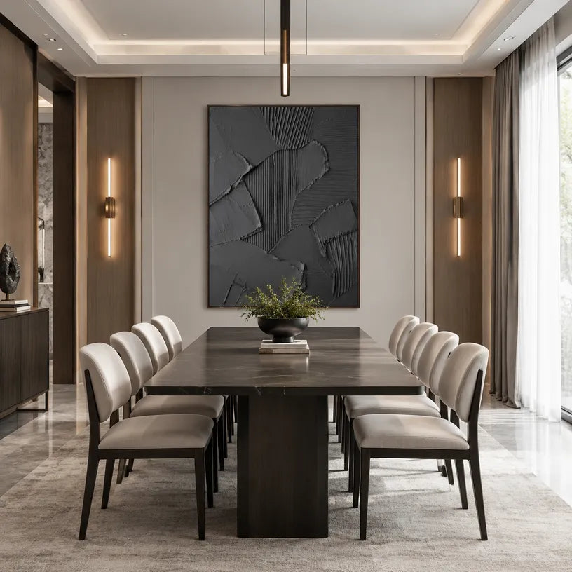Plaster & Texture abstract oil painting showing layered abstract marks, texture and expressive painterly movement in a black palette.
