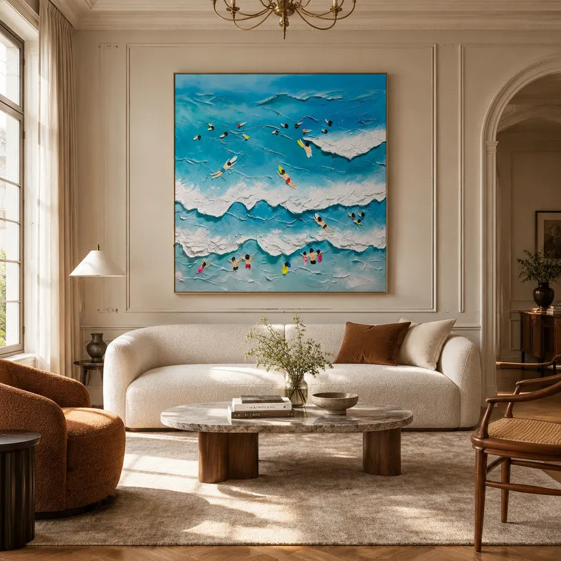 Plaster & Texture abstract oil painting showing layered abstract marks, texture and expressive painterly movement in a blue palette.