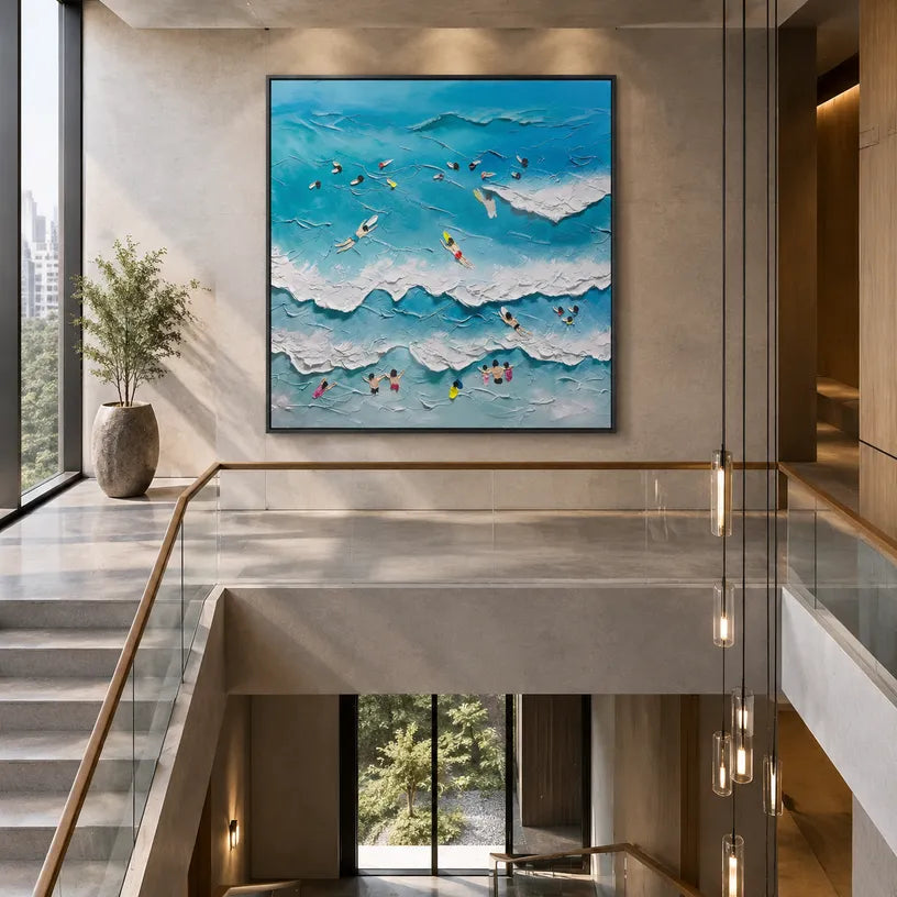 Plaster & Texture abstract oil painting showing layered abstract marks, texture and expressive painterly movement in a blue palette.