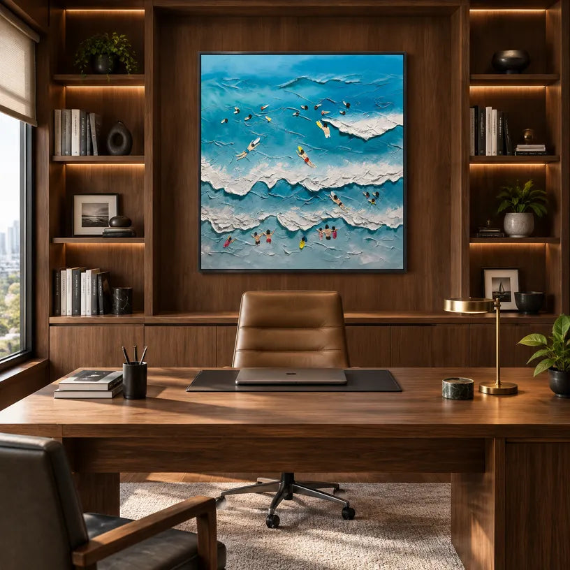 Plaster & Texture abstract oil painting showing layered abstract marks, texture and expressive painterly movement in a blue palette.