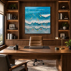 Plaster & Texture abstract oil painting showing layered abstract marks, texture and expressive painterly movement in a blue palette.