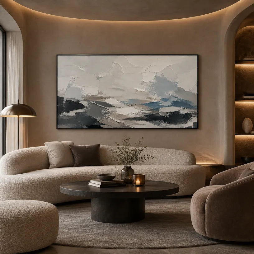 Plaster & Texture abstract oil painting showing layered abstract marks, texture and expressive painterly movement in a grey palette.