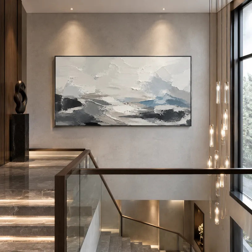 Plaster & Texture abstract oil painting showing layered abstract marks, texture and expressive painterly movement in a grey palette.