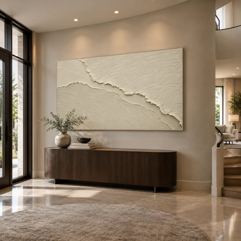 Plaster & Texture abstract oil painting showing layered abstract marks, texture and expressive painterly movement in a beige palette.
