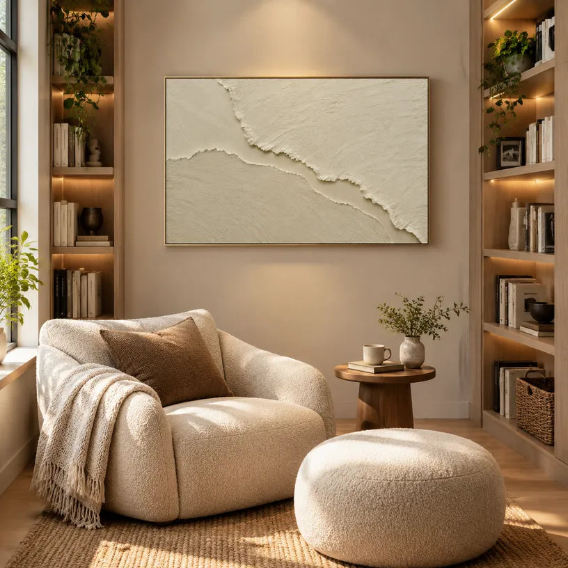 Plaster & Texture abstract oil painting showing layered abstract marks, texture and expressive painterly movement in a beige palette.
