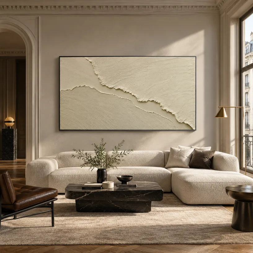 Plaster & Texture abstract oil painting showing layered abstract marks, texture and expressive painterly movement in a beige palette.