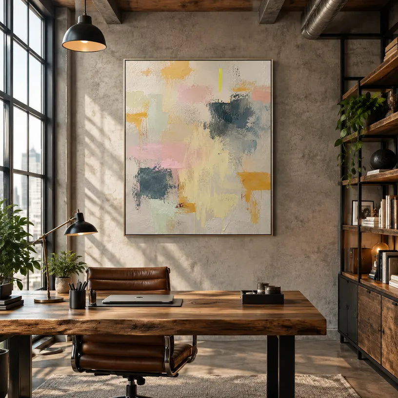 Plaster & Texture abstract oil painting showing layered abstract marks, texture and expressive painterly movement in a beige palette.